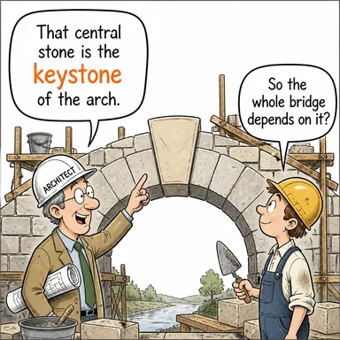 keystone (kilit taşı, temel esas, en önemli parça) karikatürü — diyalogla bağlam içinde öğren