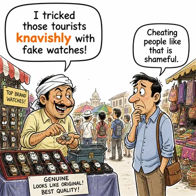 knavishly (düzenbazlıkla, sahtekarca) karikatürü — diyalogla bağlam içinde öğren