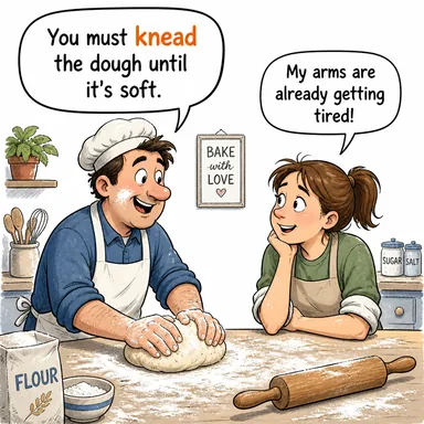knead (yoğurmak, ovmak (masaj)) karikatürü — diyalogla bağlam içinde öğren