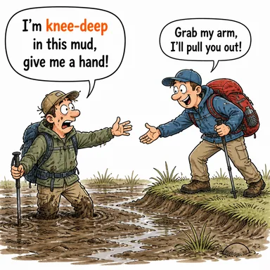 knee-deep (diz boyu, (bir işe/borca) batmış) karikatürü — diyalogla bağlam içinde öğren