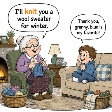 knit (örmek, (kaş) çatmak, (kemiği) kaynatmak/birleştirmek) karikatürü — diyalogla bağlam içinde öğren