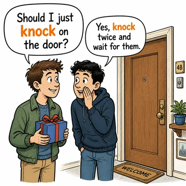 knock (vurmak (kapı vb.), çarpmak, eleştirmek) karikatürü — diyalogla bağlam içinde öğren