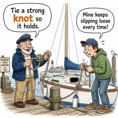 knot (düğüm) karikatürü — diyalogla bağlam içinde öğren