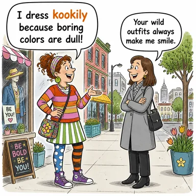 kookily (kaçıkça, budalaca, tuhaf bir şekilde) karikatürü — diyalogla bağlam içinde öğren