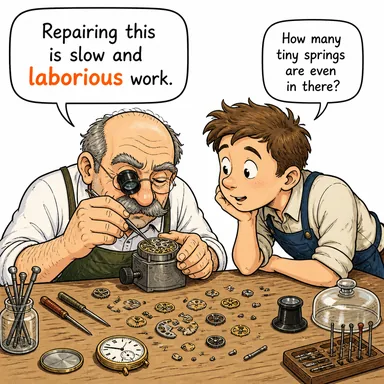 laborious (zahmetli, meşakkatli, çok uğraş isteyen) karikatürü — diyalogla bağlam içinde öğren