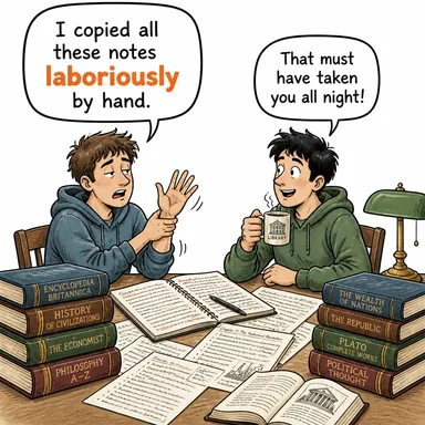 laboriously (zahmetle, binbir güçlükle) karikatürü — diyalogla bağlam içinde öğren