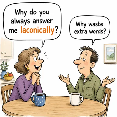 laconically (kısa ve öz bir şekilde, lafı uzatmadan) karikatürü — diyalogla bağlam içinde öğren