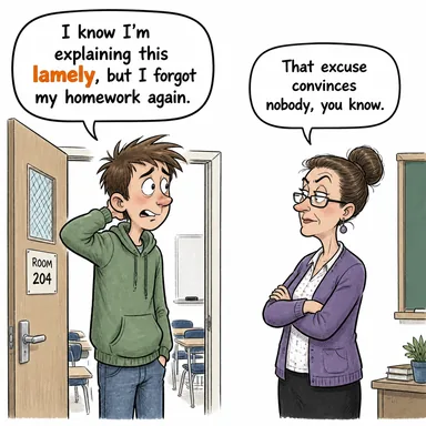 lamely (topallayarak, inandırıcı olmayan bir şekilde) karikatürü — diyalogla bağlam içinde öğren