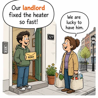 landlord / landlady (ev sahibi / ev sahibesi (mülk sahibi)) karikatürü — diyalogla bağlam içinde öğren