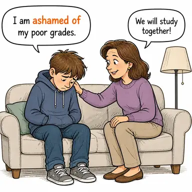 ashamed of (utanmış, mahcup) karikatürü — diyalogla bağlam içinde öğren