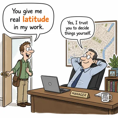 latitude (enlem; hareket serbestliği, genişlik) karikatürü — diyalogla bağlam içinde öğren