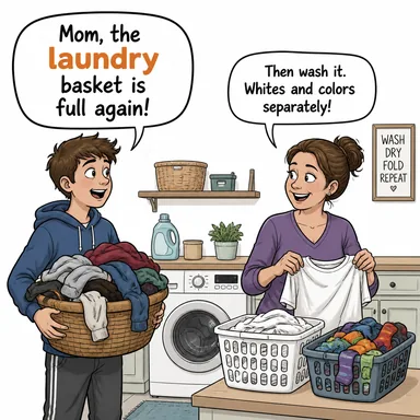 laundry (çamaşırhane, kirli çamaşırlar, yıkanacaklar) karikatürü — diyalogla bağlam içinde öğren