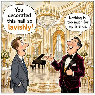 lavishly (cömertçe, savurganlıkla, bol keseden) karikatürü — diyalogla bağlam içinde öğren