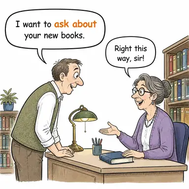 ask about/for (sormak (about), istemek (for)) karikatürü — diyalogla bağlam içinde öğren