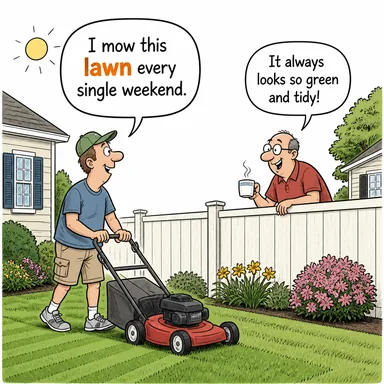 lawn (çimenlik, çayır) karikatürü — diyalogla bağlam içinde öğren