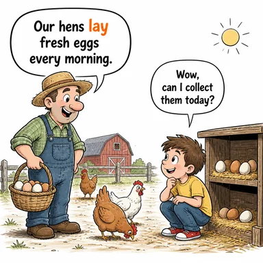 lay (sermek, yatırmak; (yumurta) yumurtlamak) karikatürü — diyalogla bağlam içinde öğren
