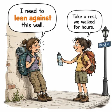 lean against (bir yere yaslanmak, dayanmak) karikatürü — diyalogla bağlam içinde öğren