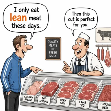lean (ince, zayıf; (et için) yağsız) karikatürü — diyalogla bağlam içinde öğren