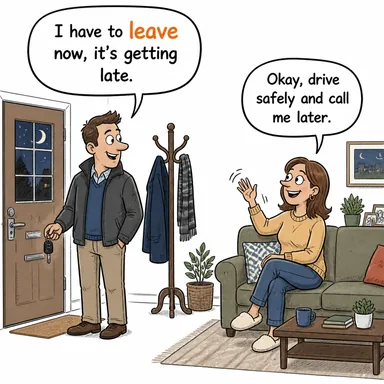 leave (ayrılmak, terk etmek; bırakmak) karikatürü — diyalogla bağlam içinde öğren