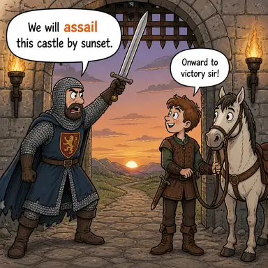 assail (saldırmak (sözlü/fiziksel), (koku/ses) rahatsız etmek) karikatürü — diyalogla bağlam içinde öğren
