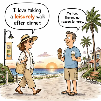 leisurely (acelesiz, rahat, telaşsız) karikatürü — diyalogla bağlam içinde öğren
