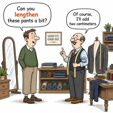 lengthen (uzatmak, uzamak (süre/boyut)) karikatürü — diyalogla bağlam içinde öğren