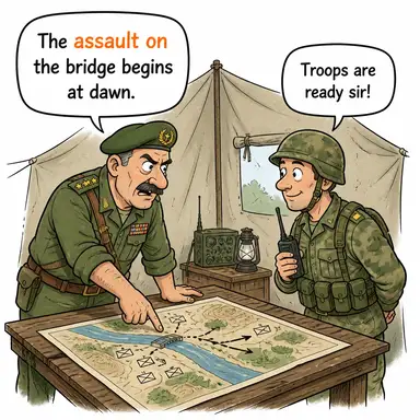 assault on (saldırı, hücum) karikatürü — diyalogla bağlam içinde öğren