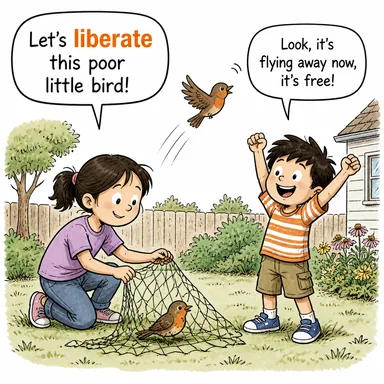 liberate (özgür bırakmak, kurtarmak) karikatürü — diyalogla bağlam içinde öğren