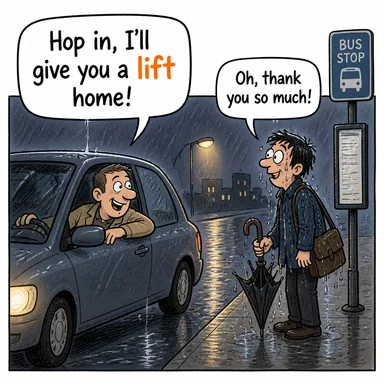 lift (asansör; kaldırma; (arabayla) götürme) karikatürü — diyalogla bağlam içinde öğren