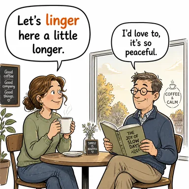 linger (oyalanmak, gitmemek; (koku vb.) kalmak, uzamak) karikatürü — diyalogla bağlam içinde öğren