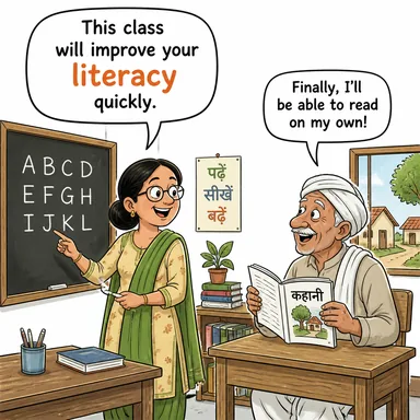literacy (okuryazarlık, okuma yazma becerisi) karikatürü — diyalogla bağlam içinde öğren