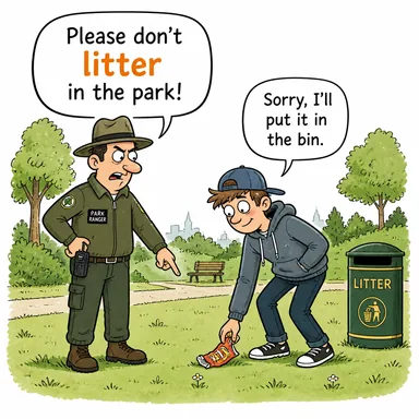 litter (çöp atmak, (etrafı) kirletmek) karikatürü — diyalogla bağlam içinde öğren