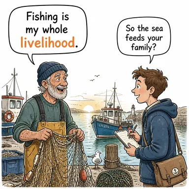 livelihood (geçim kaynağı, rızık) karikatürü — diyalogla bağlam içinde öğren