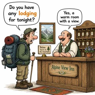 lodging (konaklama, kalacak yer) karikatürü — diyalogla bağlam içinde öğren