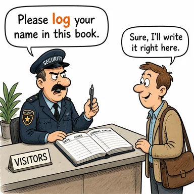log (kayıt tutmak, sisteme girmek) karikatürü — diyalogla bağlam içinde öğren