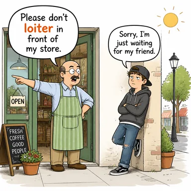 loiter (oyalanmak, (sokakta vb.) amaçsızca dolaşmak/beklemek) karikatürü — diyalogla bağlam içinde öğren