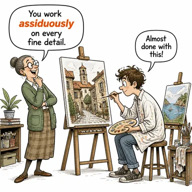 assiduously (gayretle, özenle, bıkmadan usanmadan) karikatürü — diyalogla bağlam içinde öğren