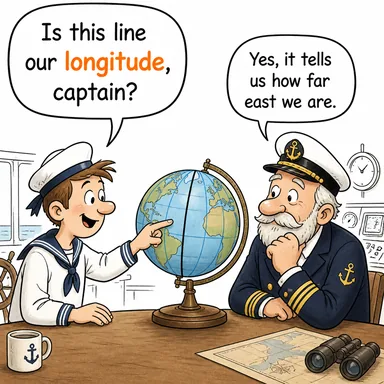 longitude (boylam (coğrafya)) karikatürü — diyalogla bağlam içinde öğren