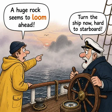loom ((tehlike vb.) belirmek, kapıda olmak, heybetle görünmek) karikatürü — diyalogla bağlam içinde öğren