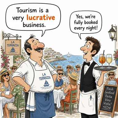 lucrative (kârlı, kazançlı, getirisi yüksek) karikatürü — diyalogla bağlam içinde öğren