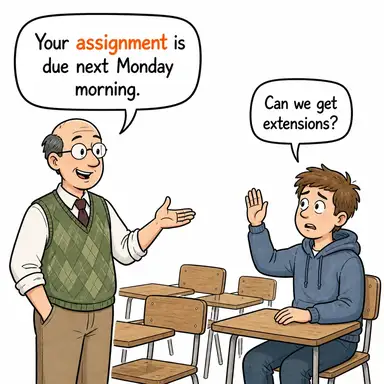 assignment (ödev, görev, atama) karikatürü — diyalogla bağlam içinde öğren