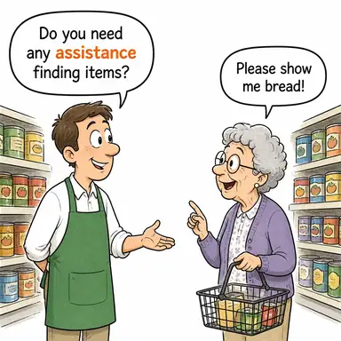 assistance (yardım, destek) karikatürü — diyalogla bağlam içinde öğren