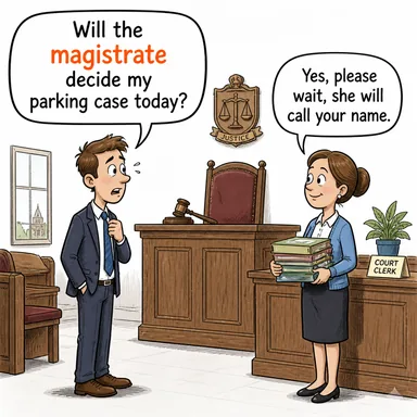 magistrate (sulh hakimi, yargıç) karikatürü — diyalogla bağlam içinde öğren