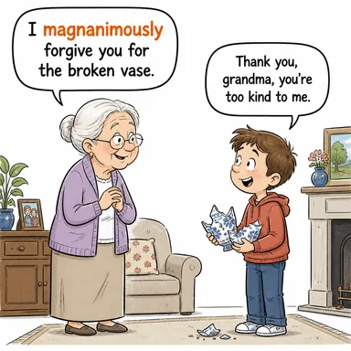 magnanimously (yüce gönüllülükle, cömertçe) karikatürü — diyalogla bağlam içinde öğren