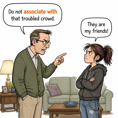 associate with (ilişkilendirmek, (biriyle) arkadaşlık etmek) karikatürü — diyalogla bağlam içinde öğren