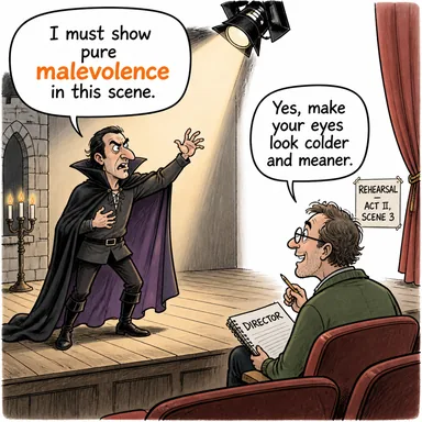 malevolence (kötü niyet, hainlik, kin) karikatürü — diyalogla bağlam içinde öğren