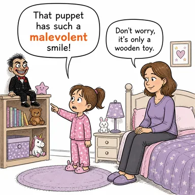 malevolent (kötü niyetli, hain, zarar verici) karikatürü — diyalogla bağlam içinde öğren