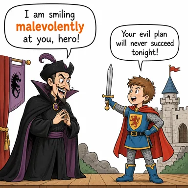 malevolently (kötü niyetle, haince) karikatürü — diyalogla bağlam içinde öğren