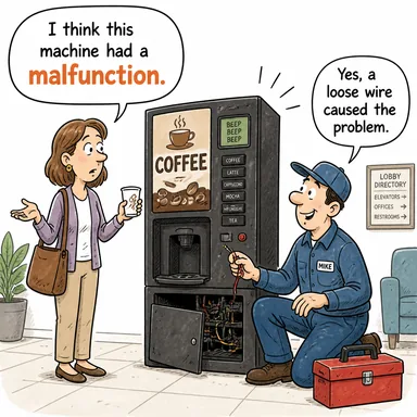 malfunction (arıza, bozukluk; arıza yapmak) karikatürü — diyalogla bağlam içinde öğren