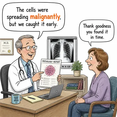 malignantly (ölümcül şekilde, kötü huylu olarak) karikatürü — diyalogla bağlam içinde öğren